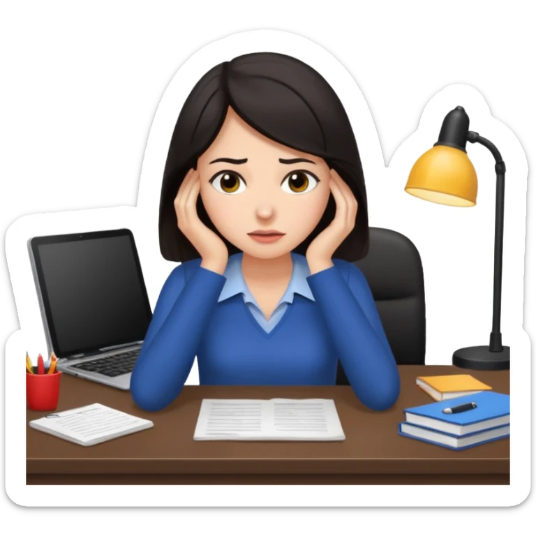  iOS emoji style - An overwhelmed woman sitting at a desk. She has dark hair. sticker