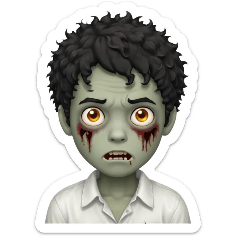 Boy, zombie, black hair, curly hair with white tips, shaggy, dark, spooky, creepy expression, white shirt sticker