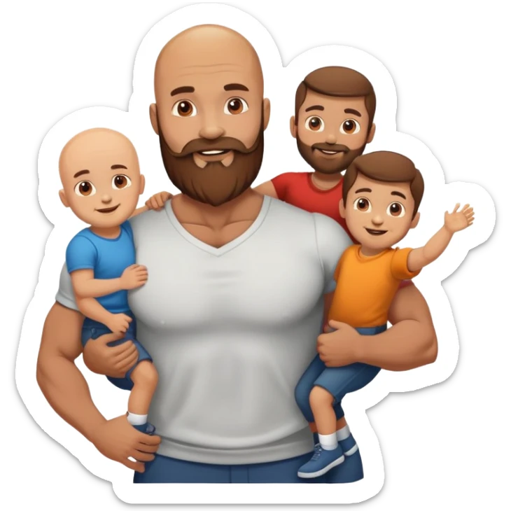 Happy Muscular Bald beard man with his wife long brown hair and 3 sons sticker