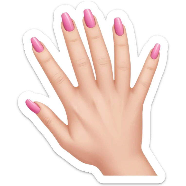  pink  close-up of a human hand with exactly five fingers, beautifully manicured nails, glossy pink nail polish, elegant nail shape, soft lighting, realistic style, isolated on transparent background" sticker