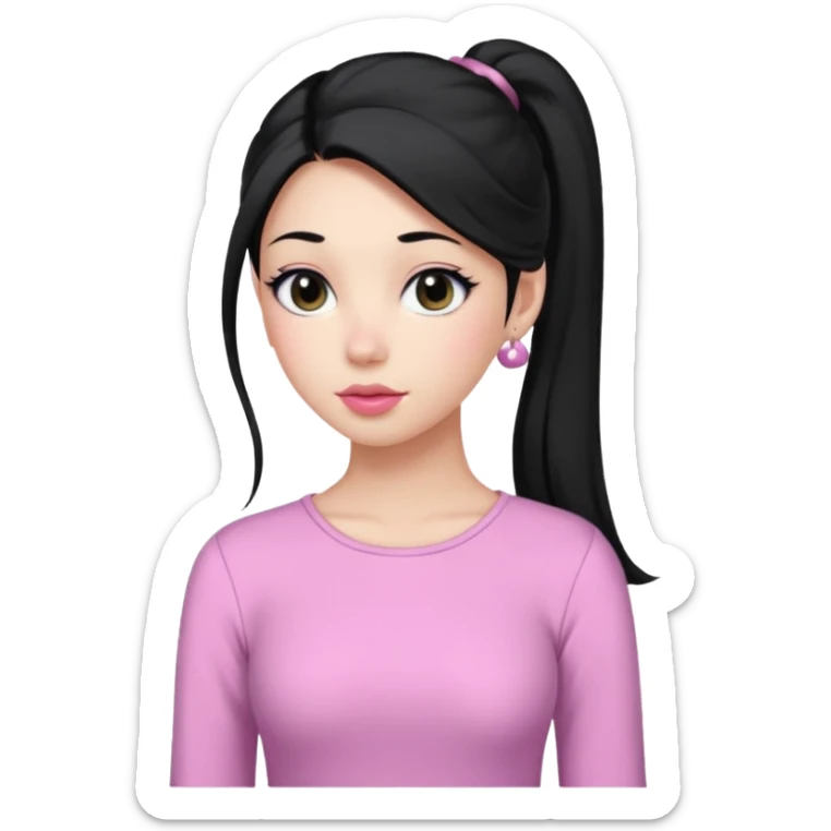 a woman with long sleeve dress top, her hair is long black pony tail, her face is soft girl style, her eyes color are black and the color of her lip is soft pink sticker