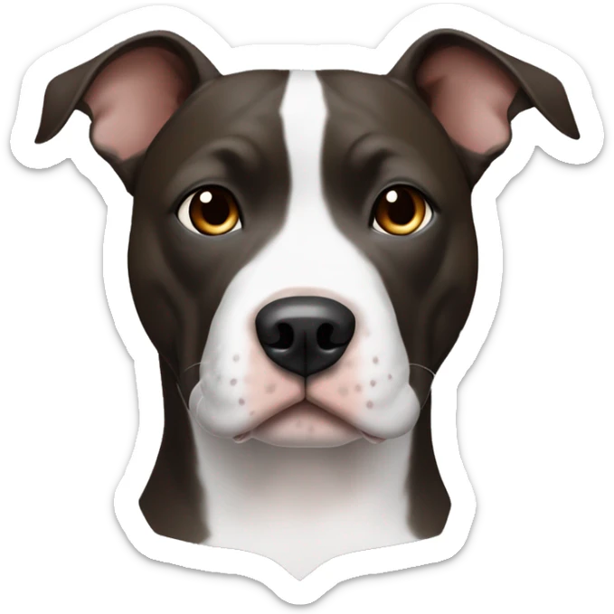 An amstaff pittbull with raised ears, all black, with brown eyes and white paws, and a white spot on his chest sticker
