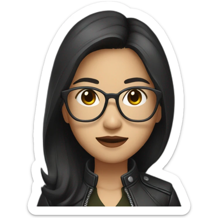 asian woman with glasses and a leather jacket with a shirt and long dark hair sticker
