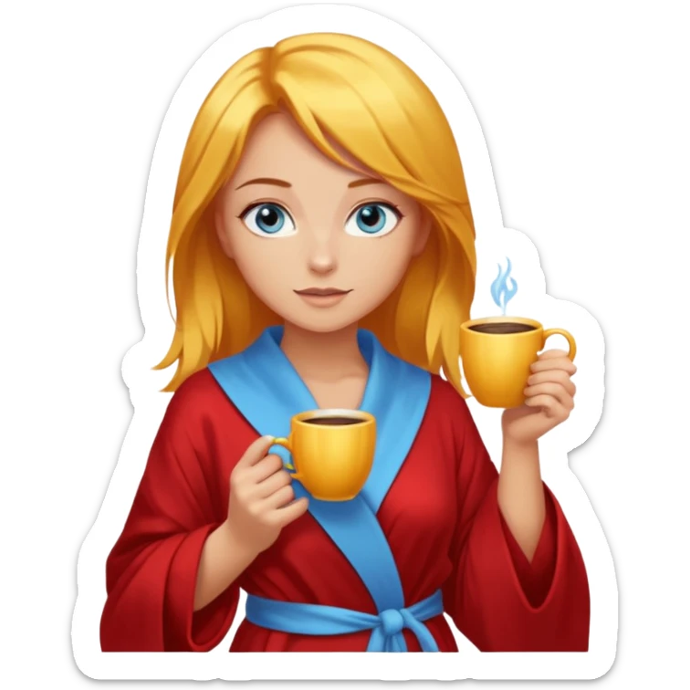 lightly tanned skin, blue eyes, cute and sexy girl with bright yellow-brown hair in a few shades of red robe, golden rings, slight cute makeup, full body, slightly turned aside pose, holding a coffee mug sticker
