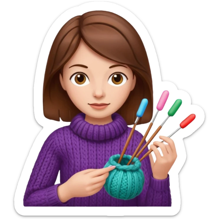  Woman with brown hair no glasses Knitting emoji sticker