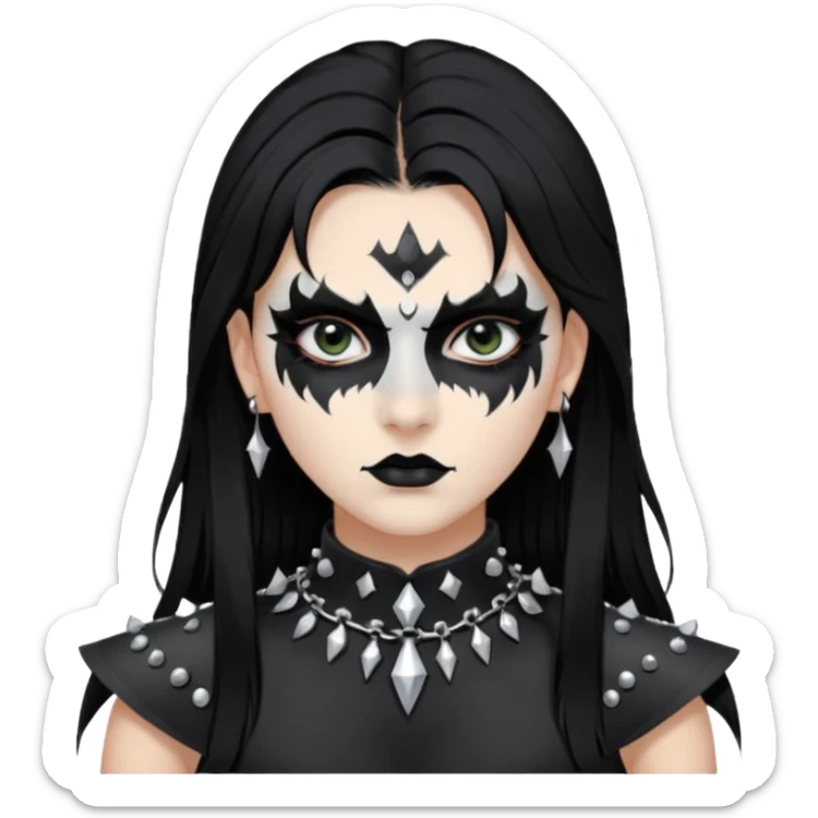 Crea una ragazza con stile black metal,  paint face black metal, capelli neri mossi dalle spalle e occhi bianchi e un collare con borchie a punta sticker