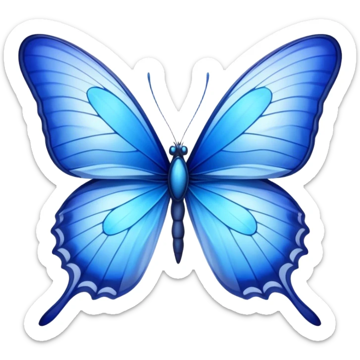 Cinematic Realistic Noble Blue Butterfly Portrait Emoji, Poised and graceful, with delicate, translucent wings rendered in vivid sapphire and indigo tones, a slender, elegant body with finely detailed textures, and gentle, reflective eyes, illuminated by soft natural light, high shine, intelligent and ethereal, styled with an air of refined natural beauty, focused and attentive, soft glowing outline, capturing the essence of a watchful and confident blue butterfly that appears to flutter out of the screen with effortless grace! sticker