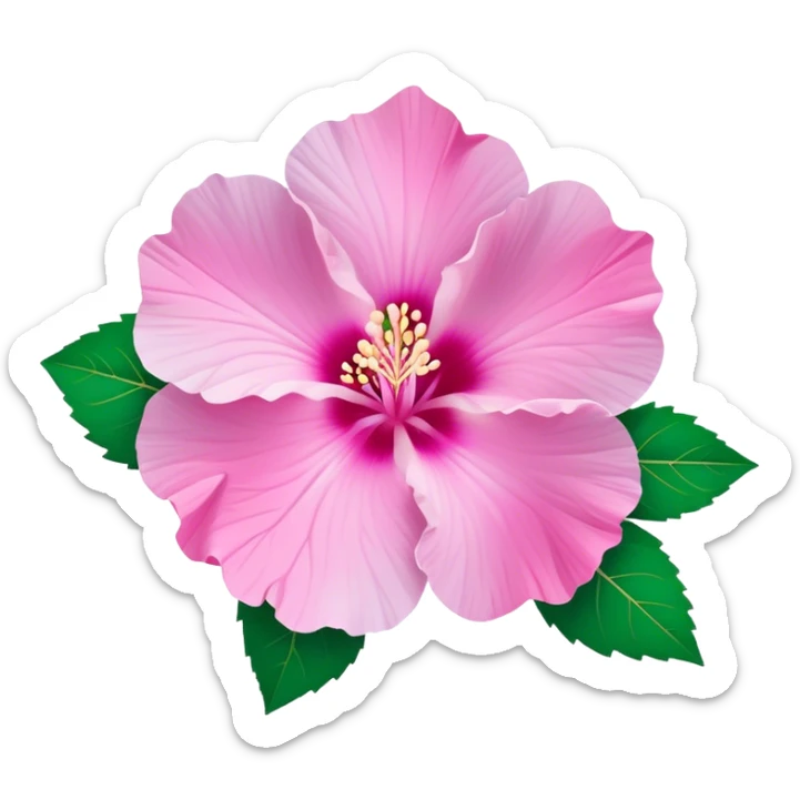 Cinematic Realistic image of a Mugunghwa flower (Rose of Sharon), rendered with delicate petal textures and vibrant pink hues, set against a minimalist background with gentle, diffused lighting that highlights its national significance sticker