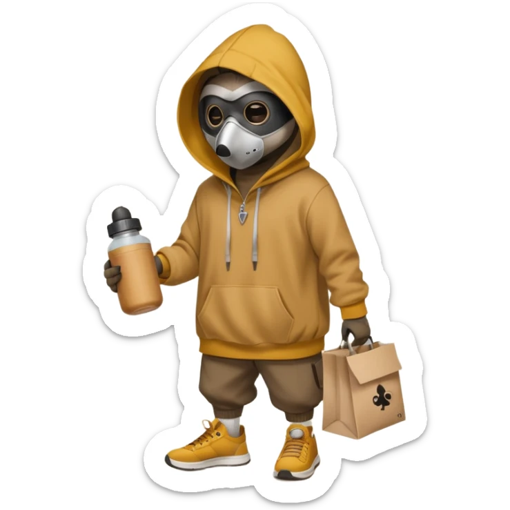 Crear ub mapache que sea solo dibujado con sudadera color mostaza y zapatillas + gorra que esté robando un hoy doy con cara de plaga y packaging que diga Rocco sticker