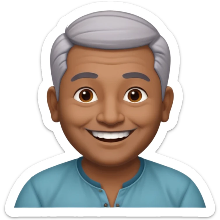 50 yr old indian man, dark skin, grey hair, big smile, white teeth, chubby, no moustache, clean shaven, young style hair, bindy, hair brushed up sticker