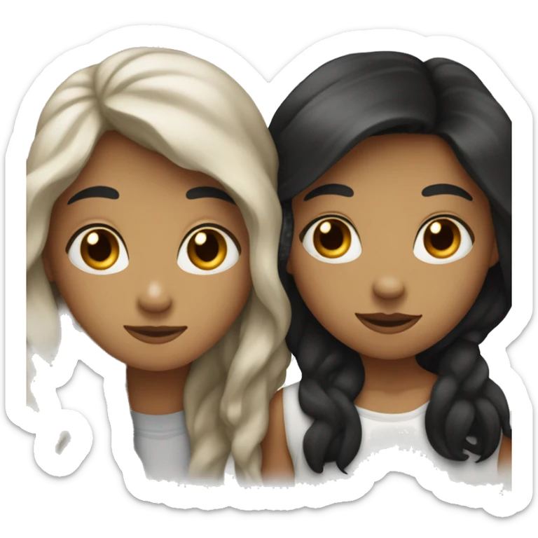 Two white best friends hugging one with wavy black hair and the other with straight brown hair sticker