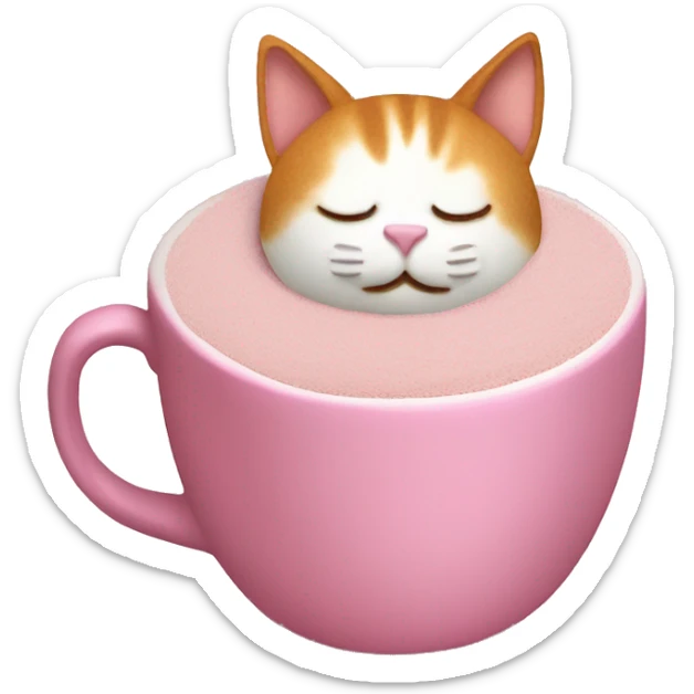 Cat made out of latte foam quietly sleeping in a mocha inside of a pink cup with an bow  sticker