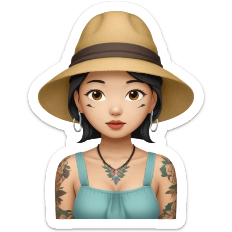 asian girl with neck tattoo and 2 string dress, bib boobs, fashion hat sticker