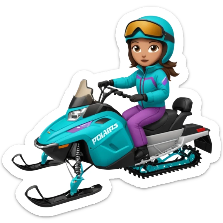 Can you create an emoji of a brunette girl on a teal polaris khaos 850 155 snowmobile about to jump sticker