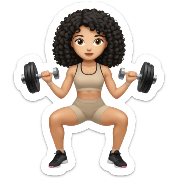Mixed-race woman with caramel skin, black curly hair, wearing beige activewear, doing light dumbbell curls sticker