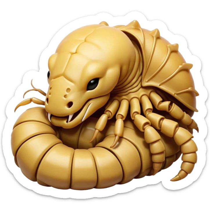 Meme-Worthy Cute Sleeping Emperor Scorpion Portrait Emoji, Head resting peacefully with a contented smile, showcasing a robust build and a luxuriously soft, textured exoskeleton, eyes gently closed in a serene, restful repose, Simplified yet hilariously adorable features, highly detailed, glowing with a soft, drowsy light, high shine, relaxed and utterly lovable, stylized with an air of playful laziness, soft glowing outline, capturing the essence of a sleeping scorpion that feels destined to become the next viral sensation of adorable rest! sticker