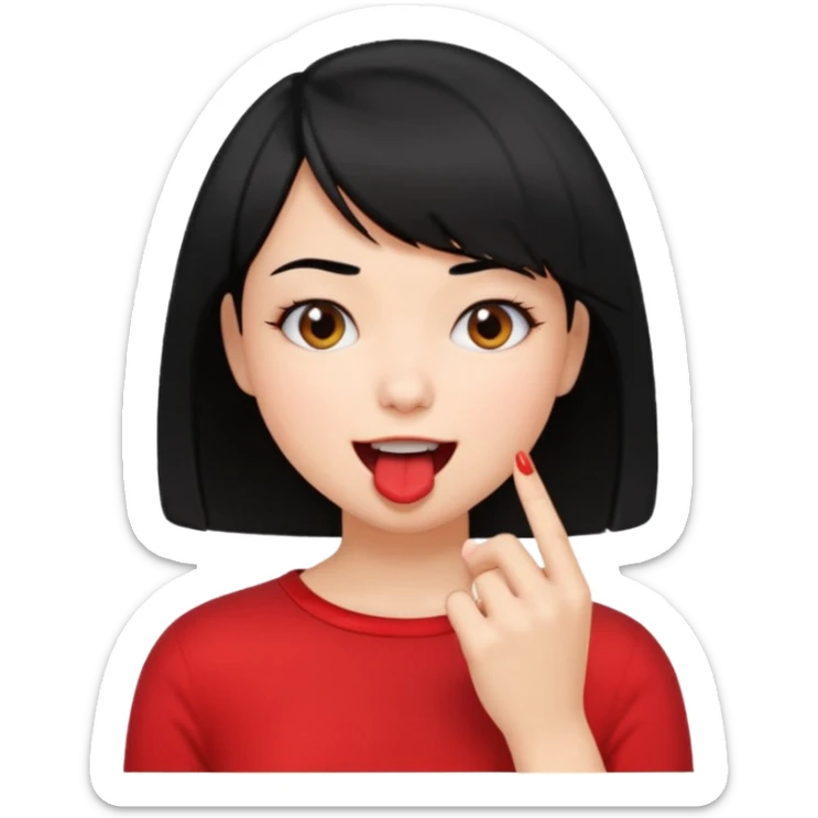 Chicas con pelo negro y corte bob haciendo que se muerde uno de sus dedos de manera picara, puedes hacer que se muerda el dedo sin sacar la lengua gua sticker