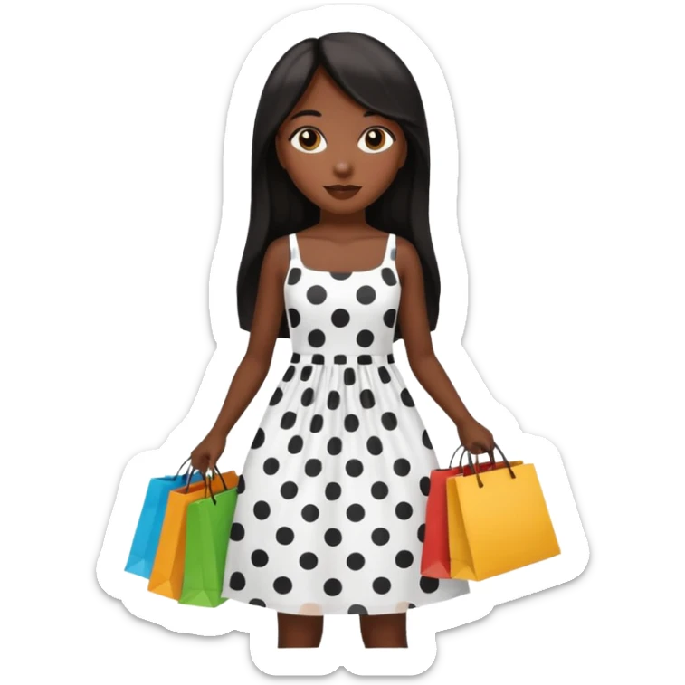 black girl with long straight hair and white dress with black dots holding shopping bags  sticker
