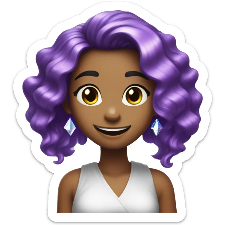 one girl with purple diamond head, she is feeling happy and elated and excited, make her hair shiny with prisms and angles and edges, now make her hair crystallized, make her hair only crystals no real hair please, only crystallized hair sticker