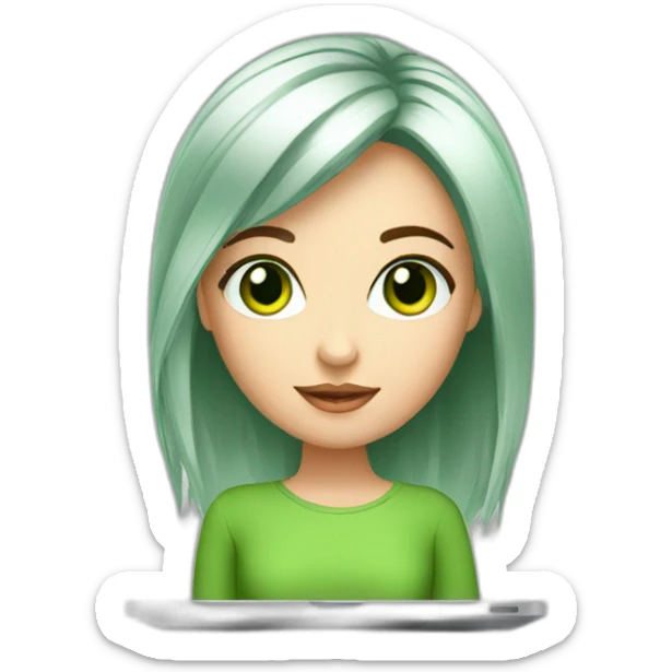 beautiful girl with computer,green eyes,beautiful girl with short read hair with computer, sticker