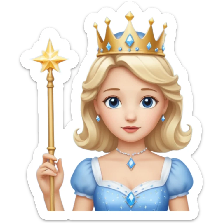 dorothy queen blonde hair, white dress with magic wand, rounded sparcle, and crown on head.Decolded blue dress sticker