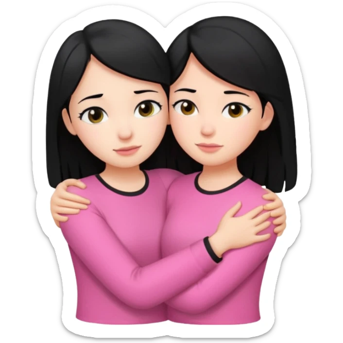 Two girls with black hair, one wearing white shirt and the other wears pink shirt, hugging each other romantically  sticker