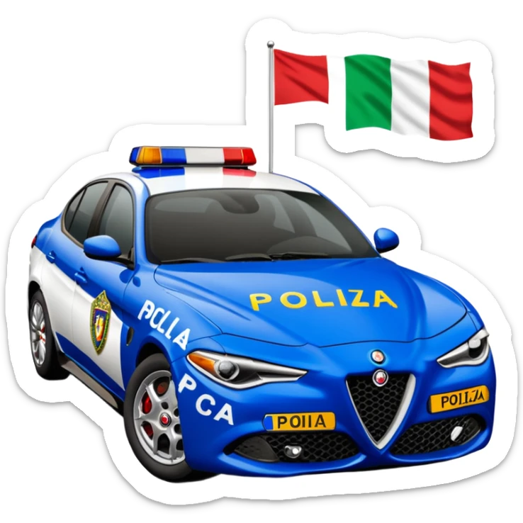 crea auto di servzio alfa romeo giulia colore nero con la scritta sul lato polizia penitenziaria e la un leopardo e la bandiera italiana sticker