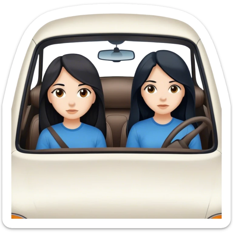 Two girls both with black long hair brown eyes different one with a blue shirt one with a black shirt in a white car driving to a destination sticker