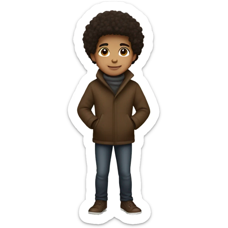 winter, christmas, hispanic, afro hair,  boy, short hair, brown eyes, child, full body, brown coat sticker