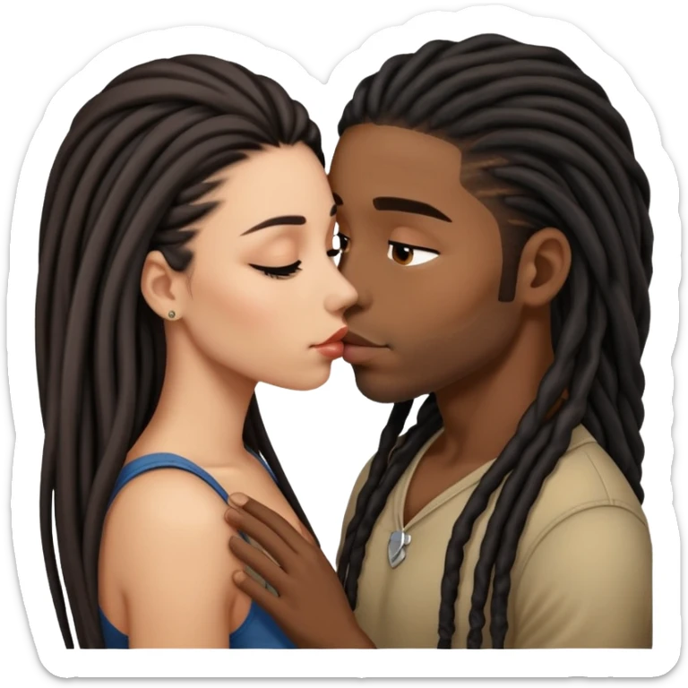Latina Woman with long hair kissing a young black guy with dreads chin hair sticker