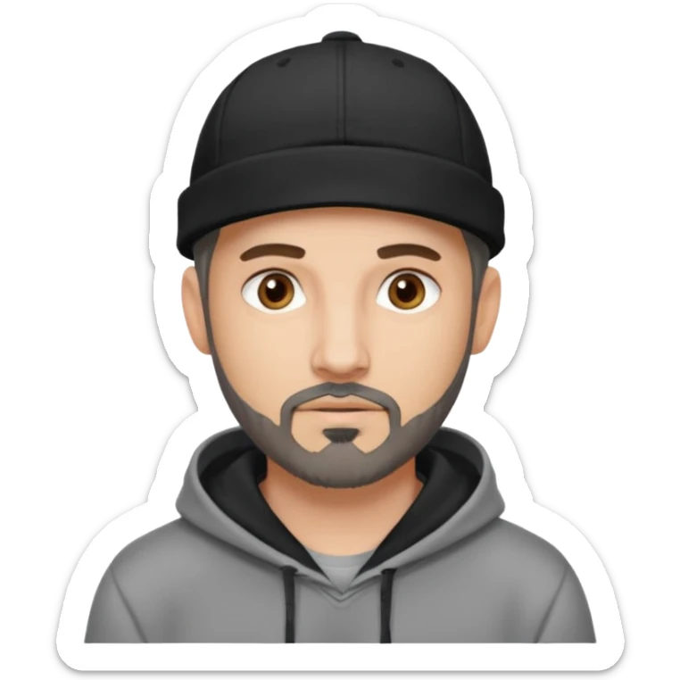 Hombre de ojos claros, con barba fina y perilla, gorra negra bordada, y sudadera gris. Expresión relajada y estilo urbano. sticker