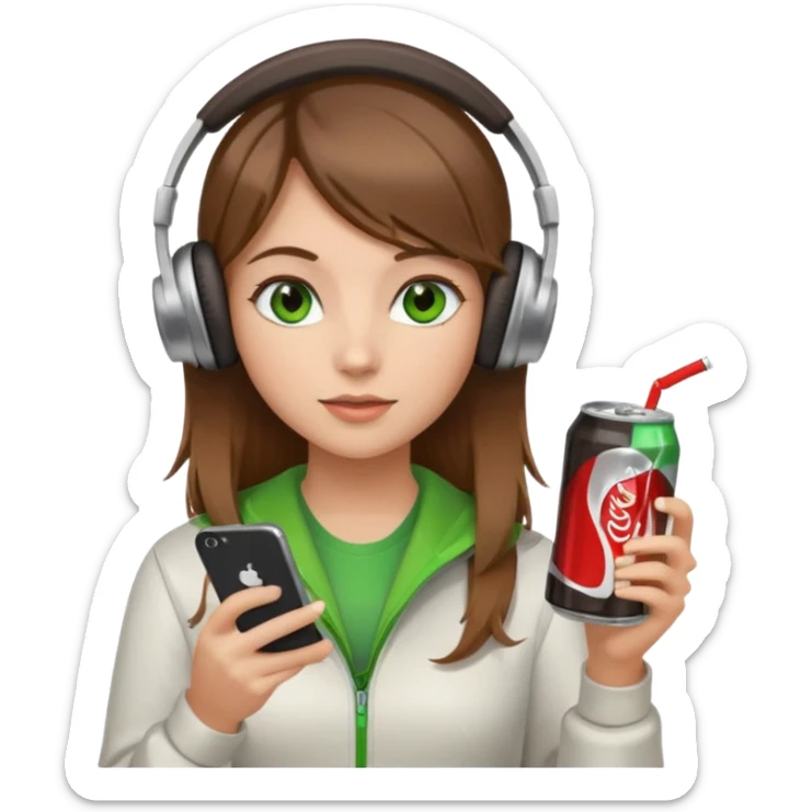 a girl with brown hair blonde ends green eyes phone in hand with diet coke and wearing headphones sticker