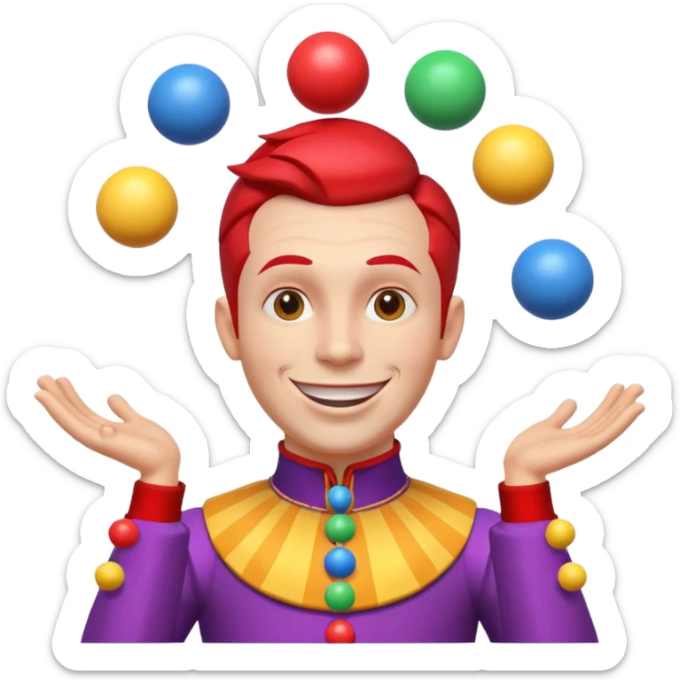 circus juggler portrait, head and shoulders only, colorful outfit collar, playful grin, juggling balls visible near shoulders, 3D cartoon, mobile game icon style, clean background, no text, no watermark
 sticker