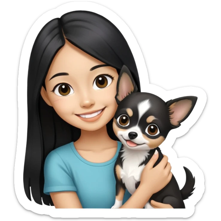 Smiling Thai girl with long black hair petting a tiny black and white Chihuahua sticker