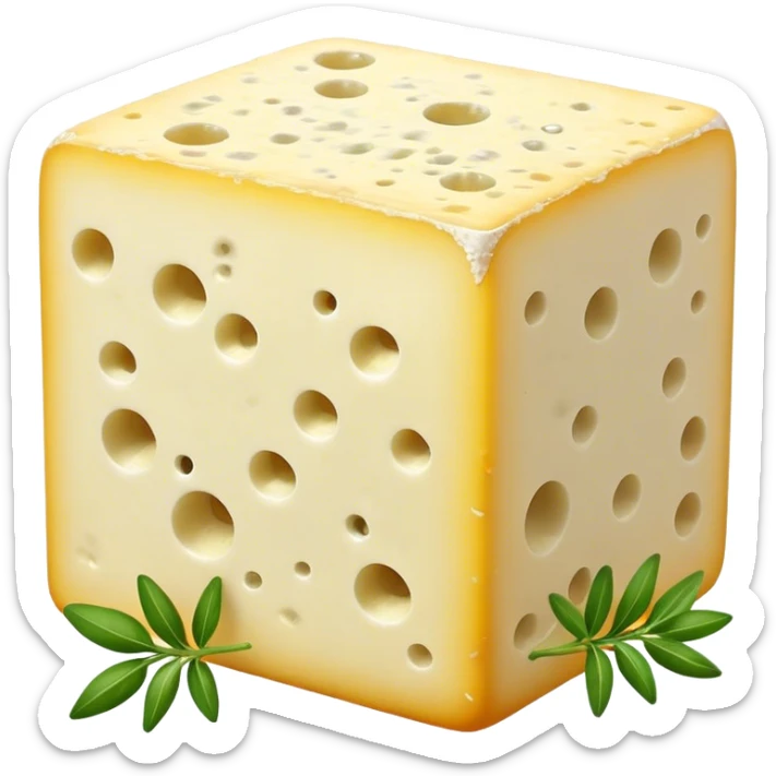 Cinematic Realistic Feta Cheese Dish Emoji, depicted as a block of crumbly, tangy cheese garnished with olive oil and herbs rendered with lifelike detail and soft natural lighting. sticker