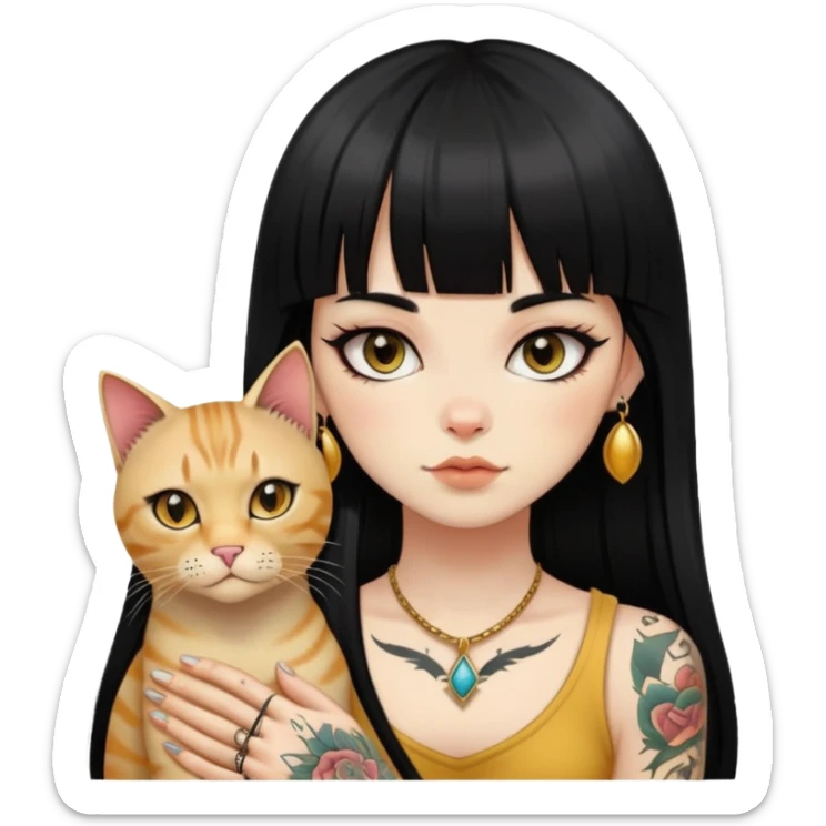 girl with long black  straight bangs hair and tattoos and a golden-shared cat sticker