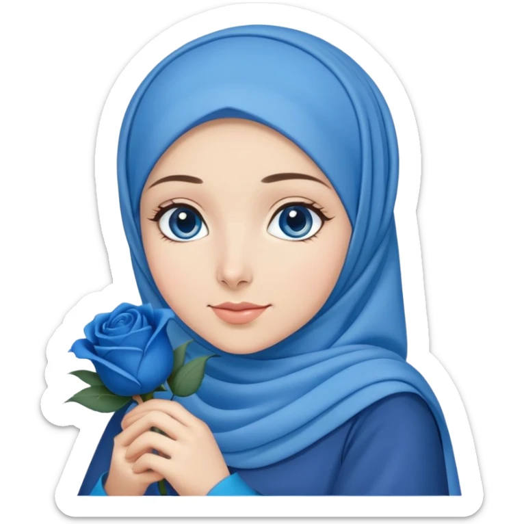 Turkish beautiful finish Konya girl blue eyes with blue hijab islamic dress and had on her hand blue rose bag sticker