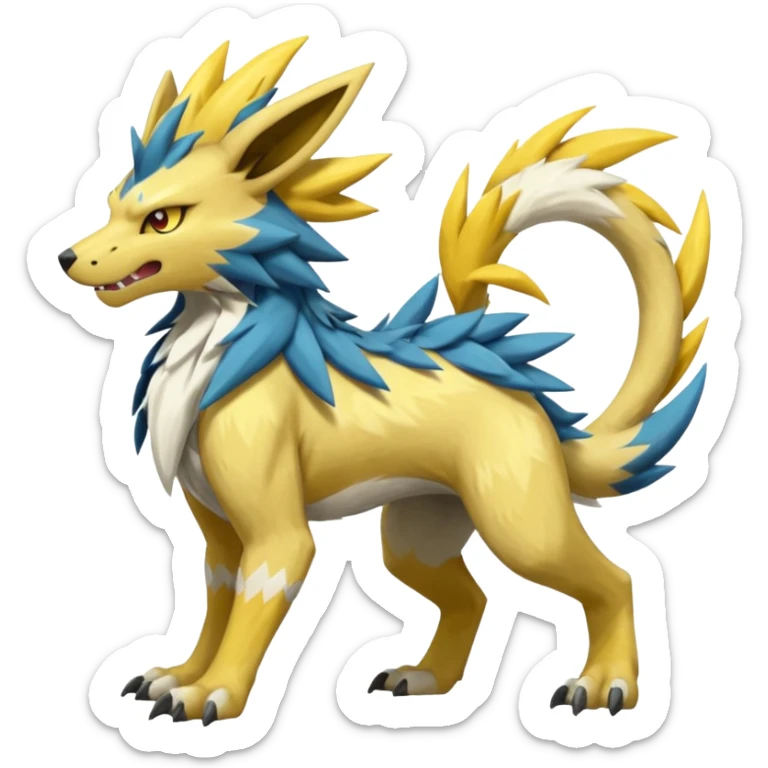 Scaly rough angry serene Asian painted Zeraora-Manectric-Solgaleo-Electrike-Furfrou-Fakemon-fusion, full body sticker