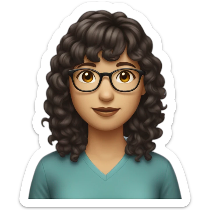 girl with short curly dark brown hair and bangs and she has thin glasses sticker