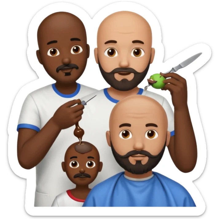 A bald man with a dark brown beard cutting someone’s hair at a barber shop and the other guy is eating a poop ball and the poop ball has eyes sticker