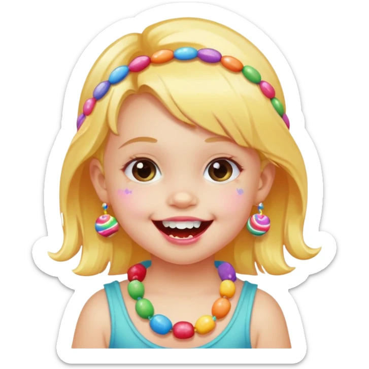 A toddler with candy necklace, grinning with colorful sugar stains on her mouth. sticker