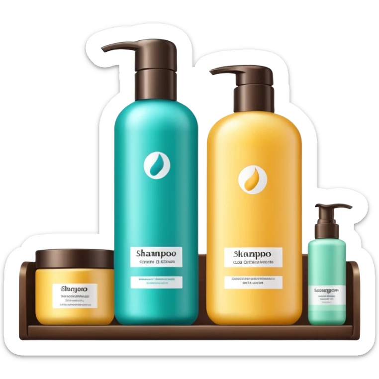 Shampoo bottle, color tube, and conditioner standing on a shelf, products are luxury brand-labeled sticker