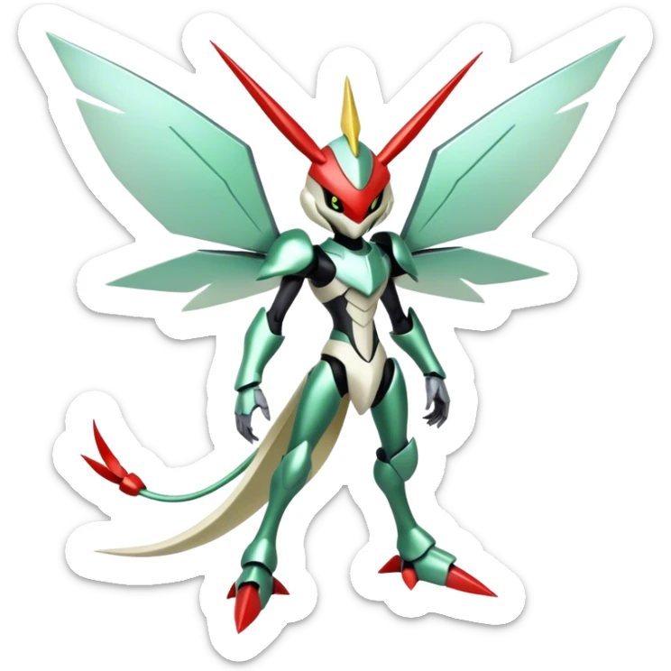 Cute Cool Edgy Shiny Futuristic Ethereal Legendary Kartana-Digimon-Schyther-Scizor-hybrid full body sticker