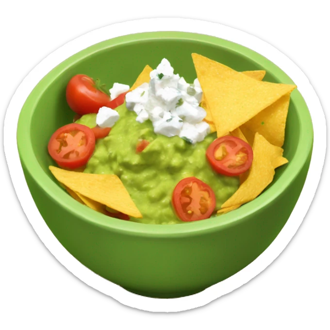 A bowl with gucamole, tomato pieces in it , feta cheese, with nachos and a bottle of coke  sticker