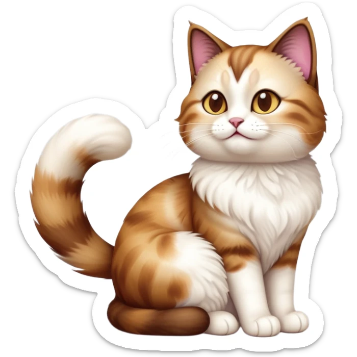 cinematic-[showshoe cat]-realistic-full-body-sitting-emoji,-tail-curled-playfully-around-its-paws,-head-tilted-dramatically,-fluffy-[brown and white]-fur,-simplified-yet-realistic-focused-features,-highly-detailed,-glowing-with-an-almost-sarcastic-glow sticker