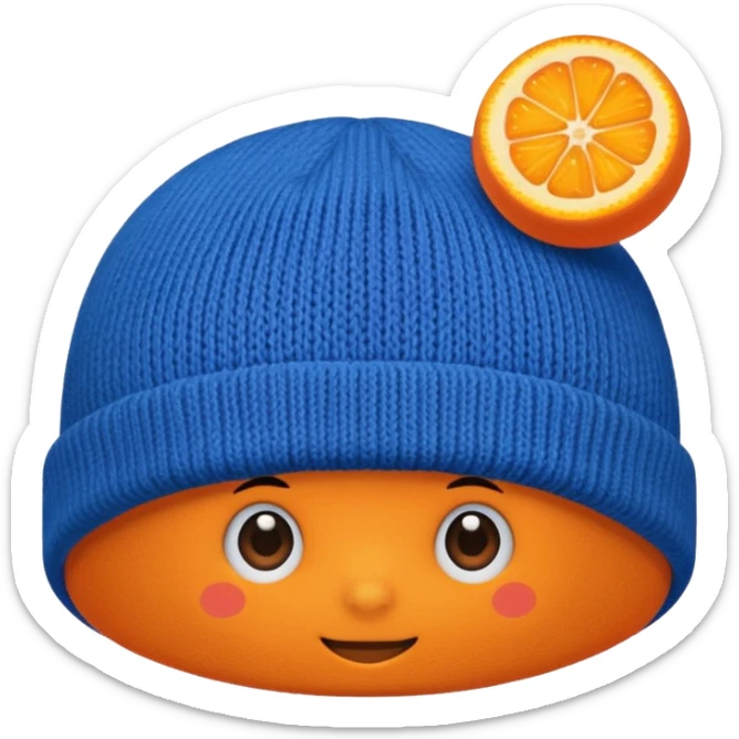 Blue beanie with an orange rim, and an orange puff dot at the top sticker