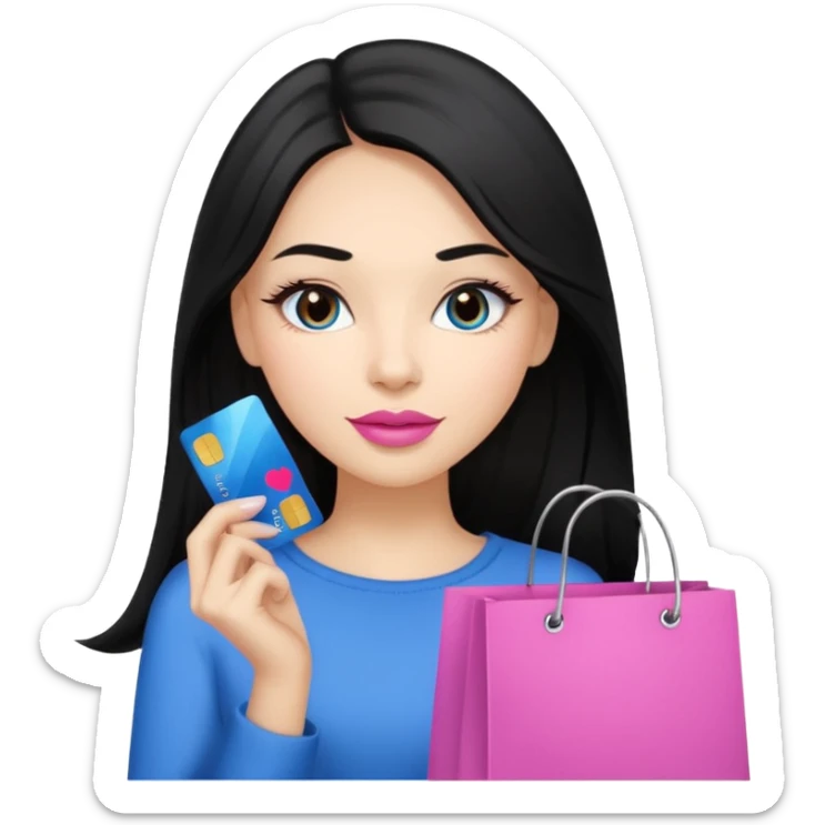 Girl with long black hair, pink lipstick, brown eyes holding shopping bags and blue credit card sticker