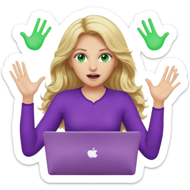 lady with long wavy blonde hair, purple top, green eyes, throwing her with a purple mac laptop hands in the air screaming, looking cross sticker