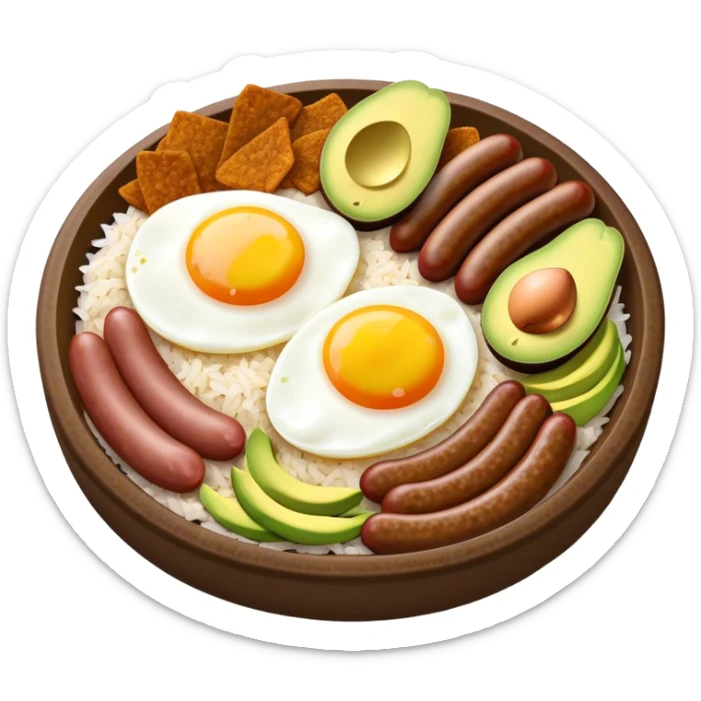 Bandeja Paisa Cinematic Realistic Bandeja Paisa Dish Emoji, depicted as a hearty platter featuring rice, beans, avocado slices, one sausage, a perfectly cooked egg, and crispy pork crackle, rendered with vivid textures and robust, inviting lighting. sticker