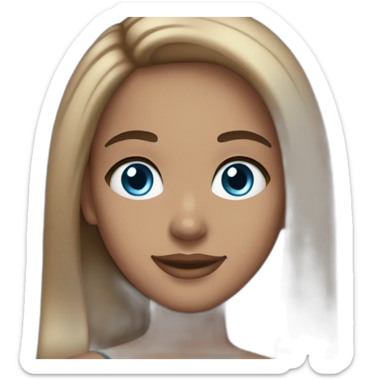 light skin woman, long straight brown hair, blue eyes, smile and makeup sticker